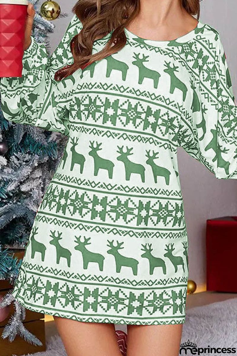 Elegant Wapiti Snowflakes Printing O Neck Printed Dress Dresses