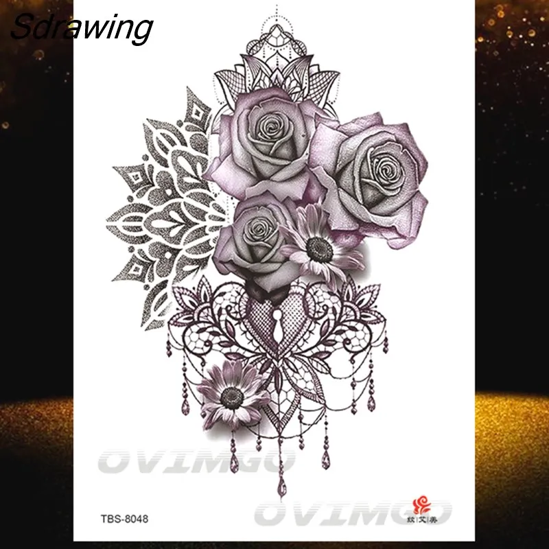 Sdrawing Lotus Flower Temporary Tattoos Fake Jewelry 3D Beauty Rose Tattoo Sexy Body Art Arm Painting Tatoo Sticker For Women