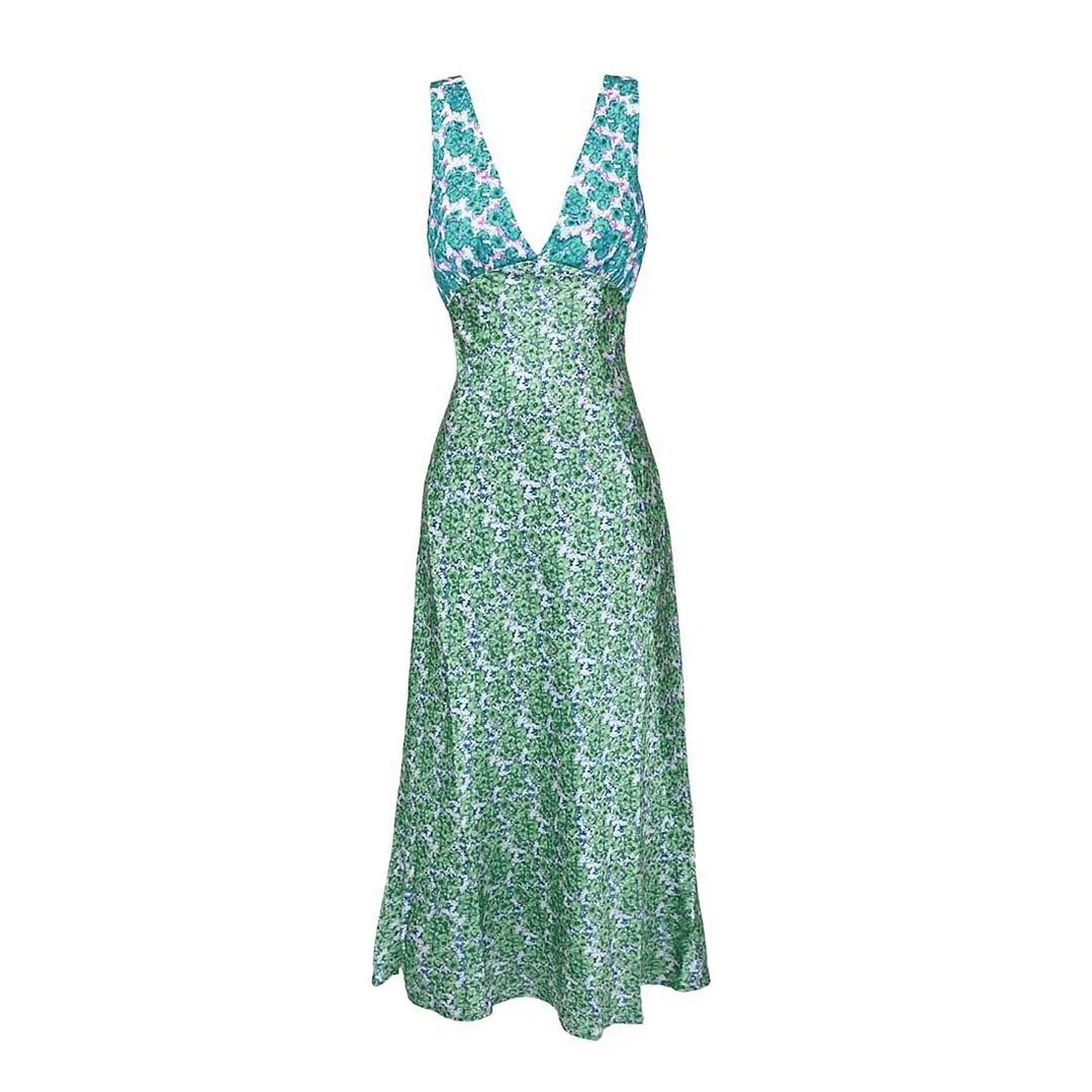 Bohemian Women Summer Midi Dress Vintage Floral Print Deep V Neck Sleeveless Beach Dress Party Clubwear Y2K Streetwear