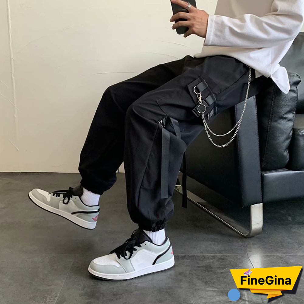 New Men's Side Pockets Cargo Harem Ribbons Black Hip Hop Casual Male Joggers Trousers Fashion Streetwear Pants