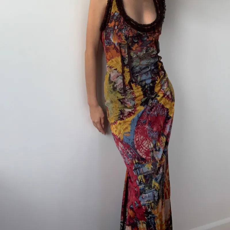Uveng Uveng Ins Women's Summer 2023 New Fashion Vintage Tie-Dye Print Sexy U-Neck Slim Dress Long Dress