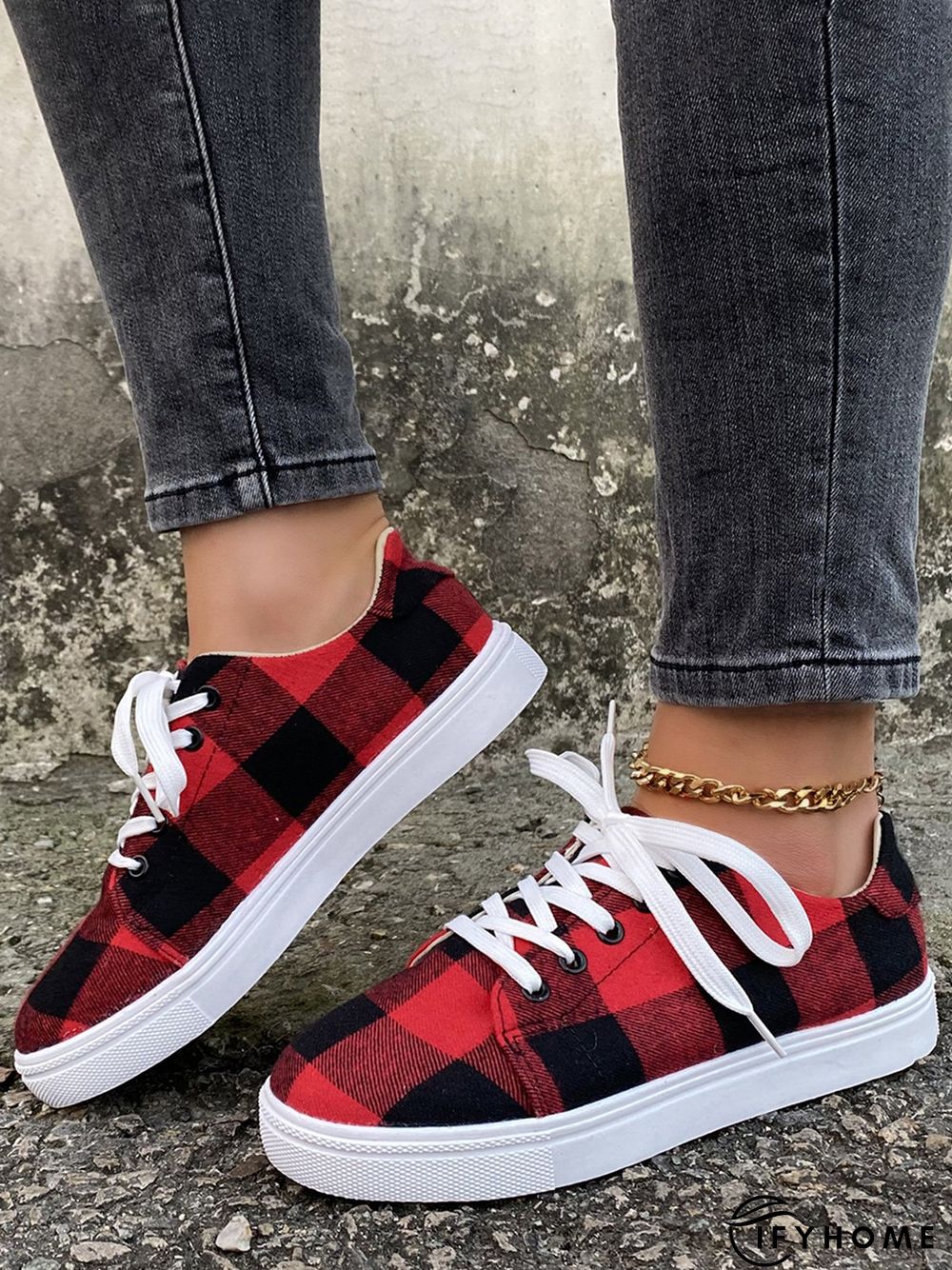 Christmas Red Plaid Black And White Plaid Leopard Casual Flat Shoes | IFYHOME