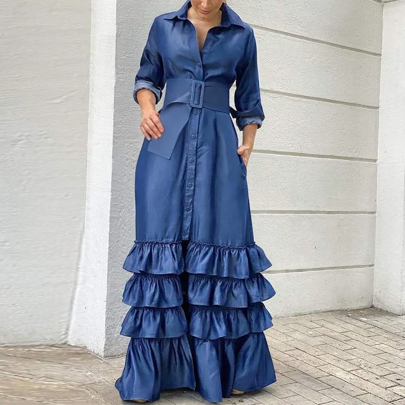 Women Party Maxi Dress 2022 VONDA Spring Holiday Dress Casual Vintage Long Sleeve Lapel Button Down Ruffled Vestidos Robe Femme
