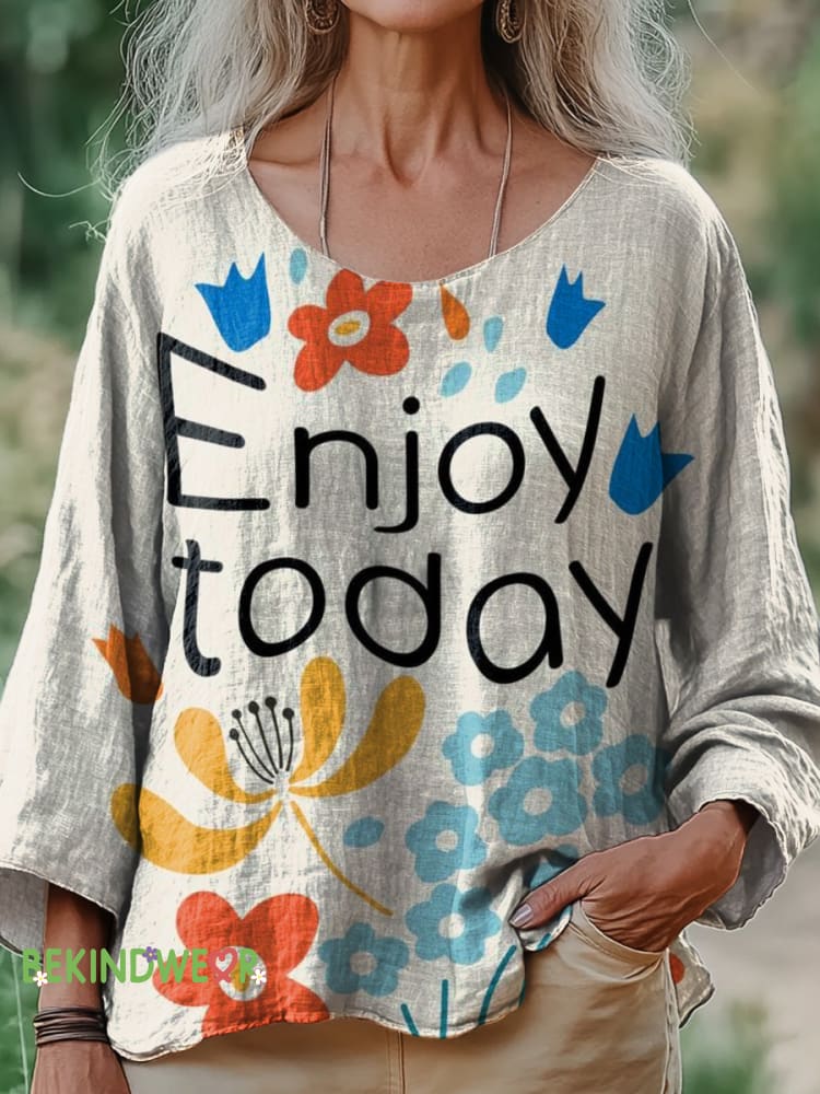 Enjoy Today Childish Floral Print Casual Cotton and Linen Top Multicolor / S
