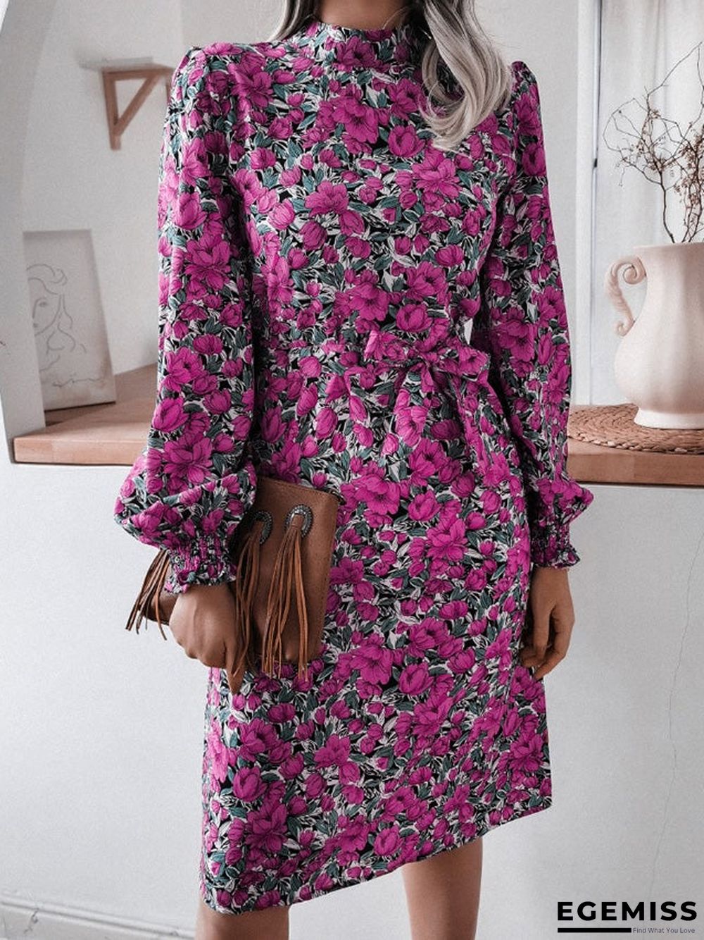 Floral Stand Collar Lantern Long Sleeve Chiffon Dress | EGEMISS