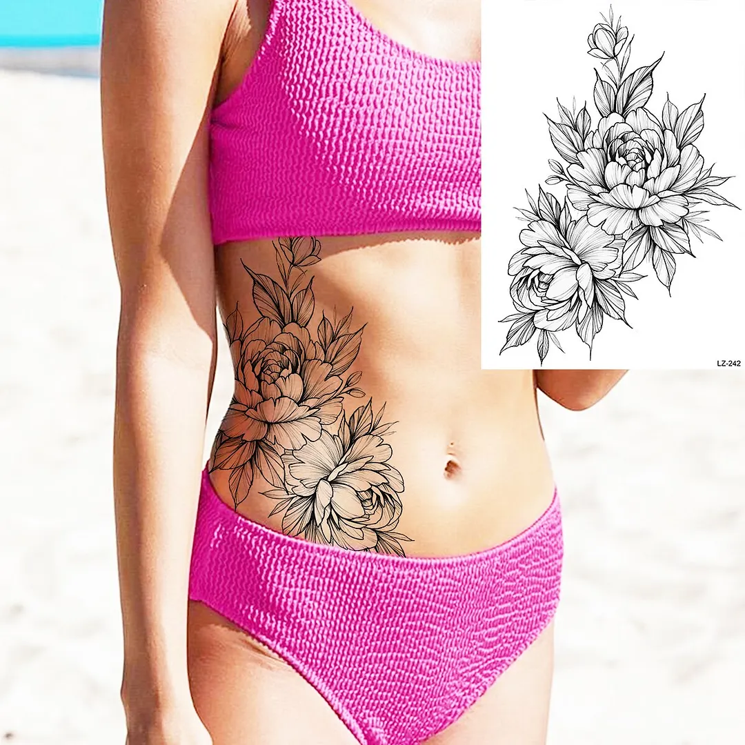 Sdrawing Peony Flower Temporary Tattoos For Women Adults Realistic Compass Moon Pendant Fake Tattoo Sticker Arm Body Tatoos