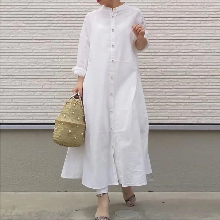 Temperament Solid Color Simple Standing Neck Long Sleeve Shirt Maxi Dress