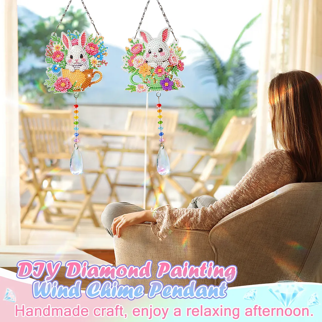 2Pcs Teacup Rabbit DIY Double-Sided Diamond Painting Hanging Kits Diamond Painting Suncatcher Craft Kit for Home Garden Wall Decor Gift