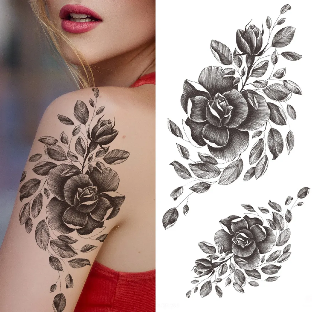 Sdrawing Fake Peony Temporary Tattoos For Women Girl Black Rose Elephant Flower Tattoo Sticker Tiger Anemone Tatoos Half Sleeve 1020-0