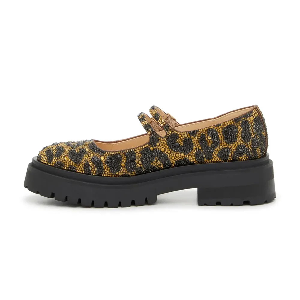 Brown & Black Round Toe Rhinestone Leopard Print Platform Mary Janes