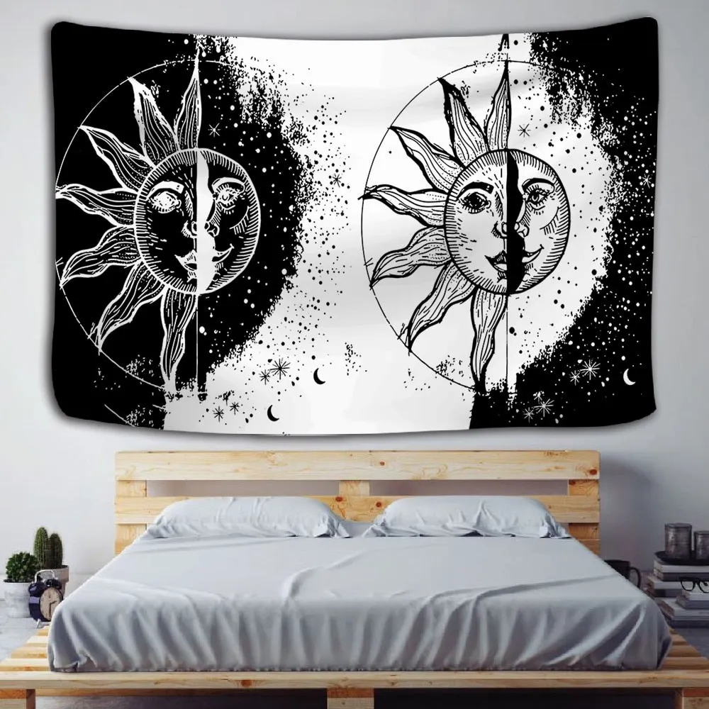 White Black Sun Moon Mandala Tapestry Wall Hanging Celestial Hippie Carpets Dorm Decor Psychedelic Witchcraft Halloween