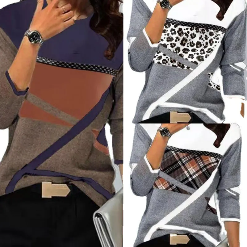 Brownm Loose Color Printed Round Neck Long Sleeve T-shirt