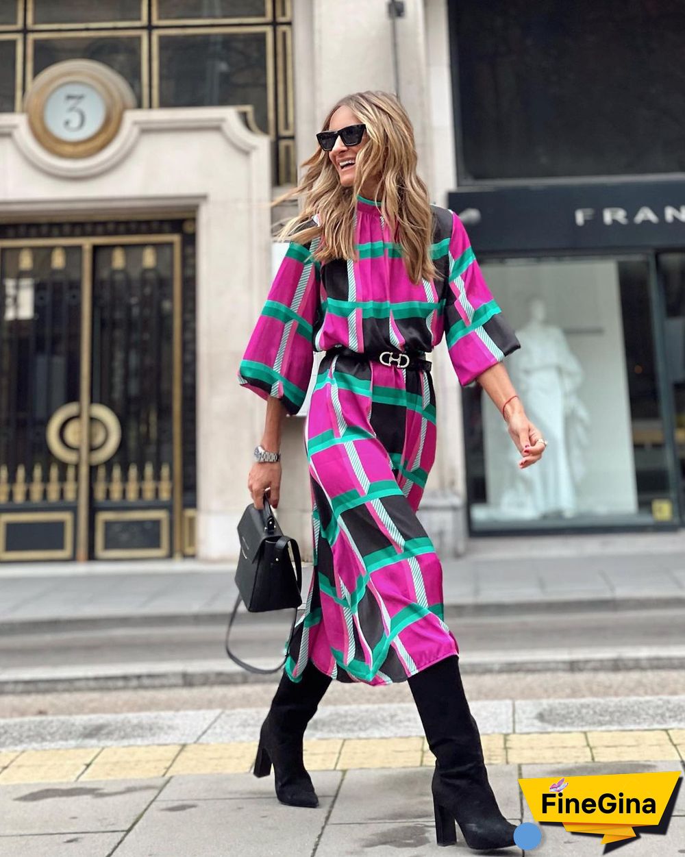 Sleeve Print Waist A-shaped Dress Plus Size Ladies Dress