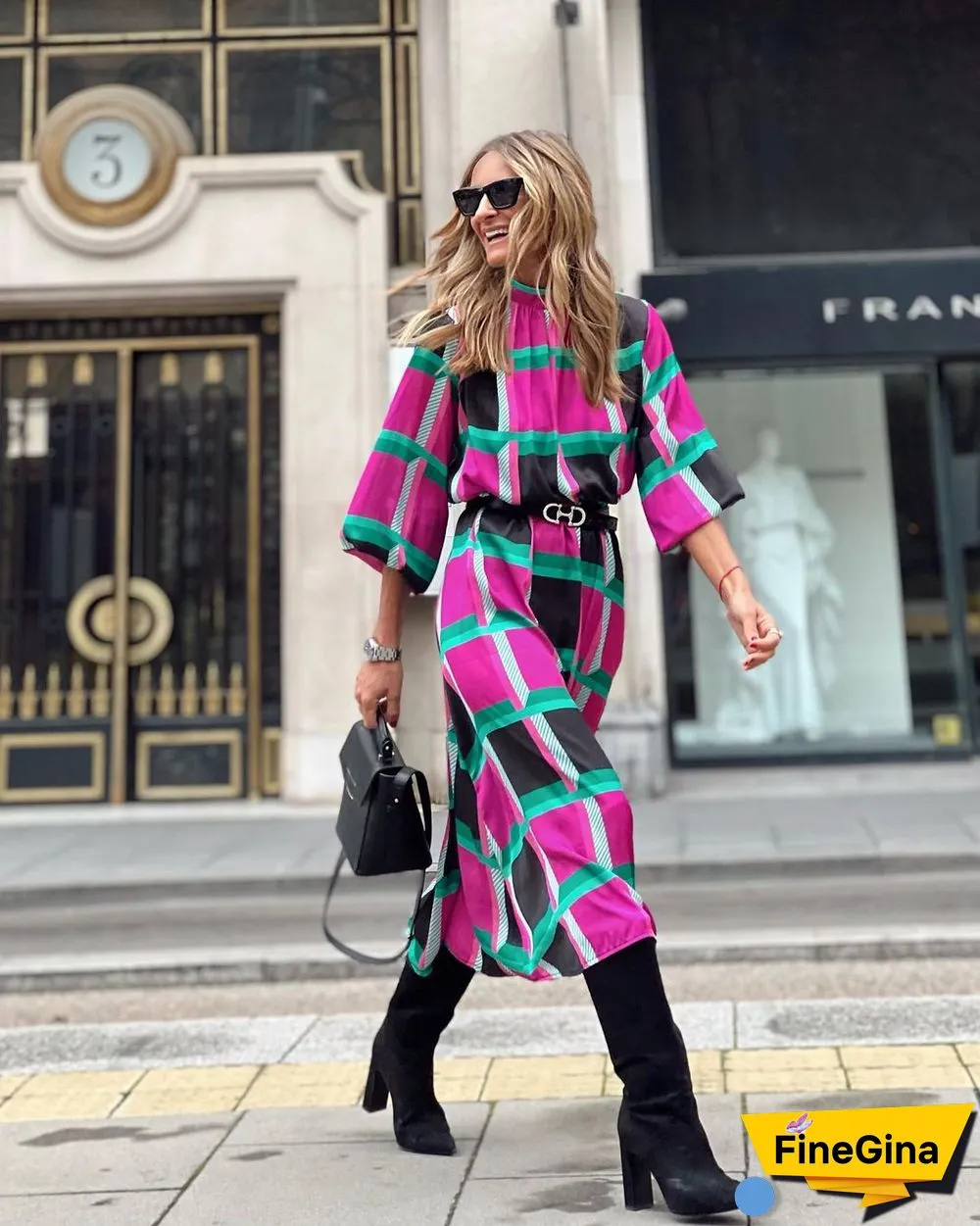 Sleeve Print Waist A-shaped Dress Plus Size Ladies Dress