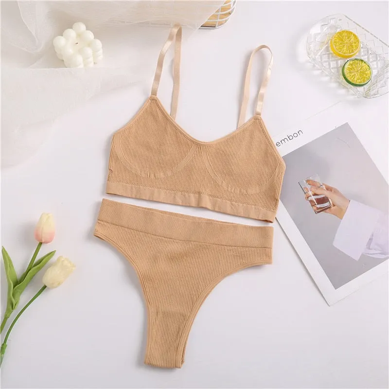 FINETOO Women Bra Set Female Underwear Bralette Ribbed Tops Girls Sexy Lingerie Basic Stretchy Brassiere Tank Crop Tops Suit New