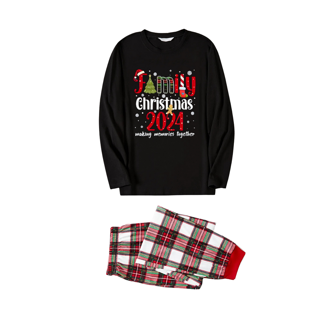 "Family Christmas 2024 Making Memories Together" Pattern Ⅲ- Black Top with Red & White & Green Plaid Pants Family Matching Pajamas