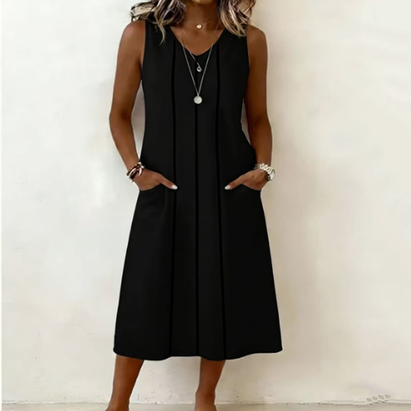 Comstylish Women's Solid Color V-neck Sleeveless Vest Midi Dress