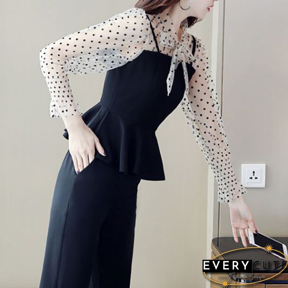 Office Fashion Two Piece Pants Sets Outfits Women Bow Dot Print Patchwork Tunics Tops + Pants Suits Korean Workwear Sets