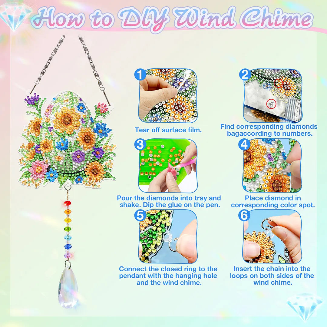 2Pcs Flower Easter Egg DIY Acrylic Diamond Painting Art Wind Chimes with Crystal Pendant Diamond Art Hanging Pendant Double-Sided for Adults Beginners Gift Home Garden Decor