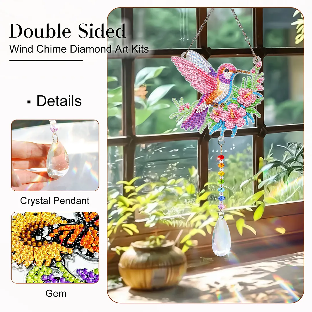 2Pcs Flowers and Hummingbirds DIY Double-Sided Diamond Painting Hanging Kits Diamond Painting Suncatcher Craft Kit for Home Garden Wall Decor Gift