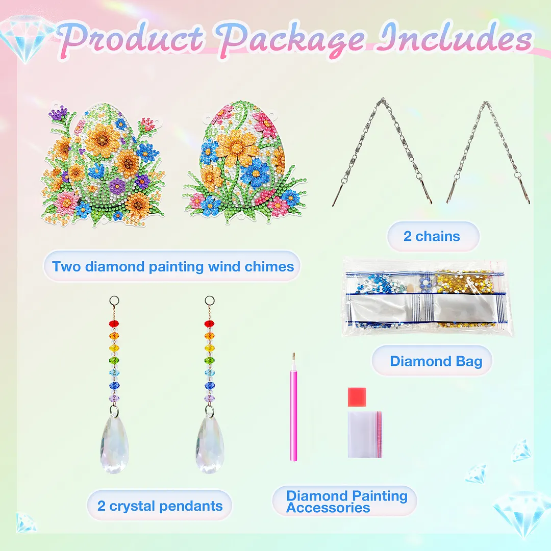 2Pcs Flower Easter Egg DIY Acrylic Diamond Painting Art Wind Chimes with Crystal Pendant Diamond Art Hanging Pendant Double-Sided for Adults Beginners Gift Home Garden Decor