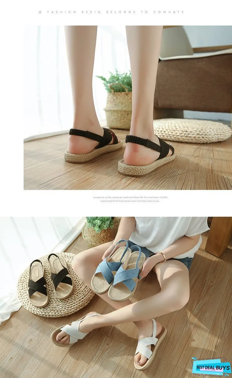 Beach Open Toe Linen Flat Sandals