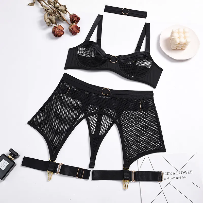 Billionm Lace Lingerie Set Women Black Push Up Bra and Panty with Garter Belt Bralette See Through Sexy Lenceria Underwear Set Femme Sex