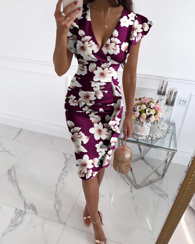 Uveng Uveng New Multi-Color Printing Dress V Collar Lotus Edges Sexy High-Waisted Dress