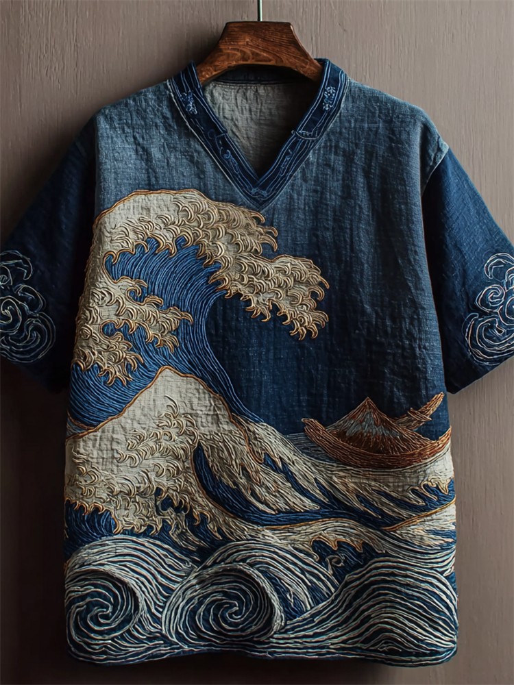 Japanese Great Sea Wave Embroidered Washed Linen Shirt