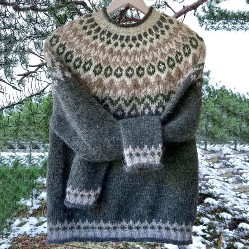 Unisex Vintage Icelandic Knit Jacquard Warmth Crew Neck Sweater