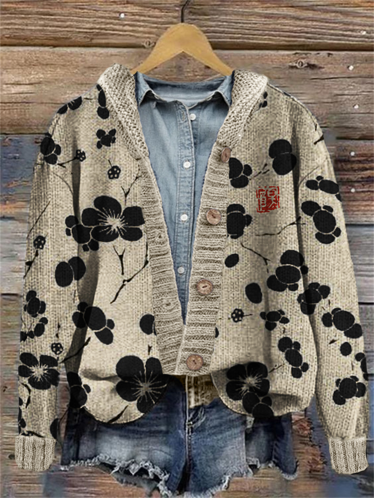 Cherry Blossom Japanese Lino Art Cozy Hooded Cardigan