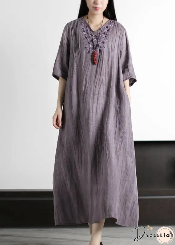 Italian Grey V Neck Embroideried Wrinkled Linen Long Dresses Half Sleeve