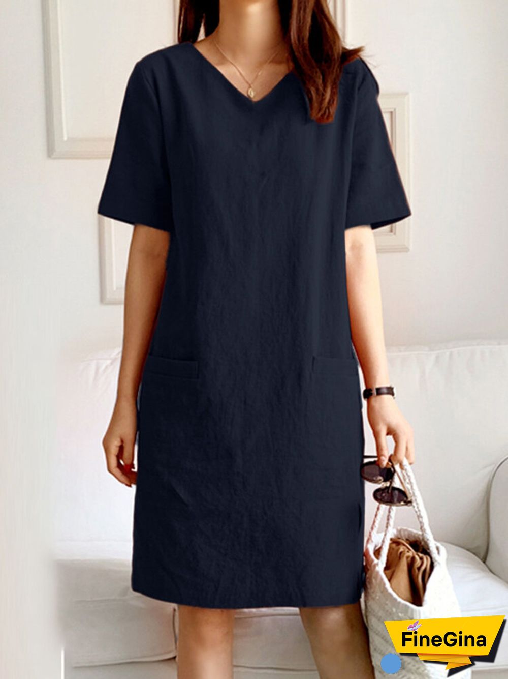 Solid Slit Hem Pocket V-neck Short Sleeve Dress