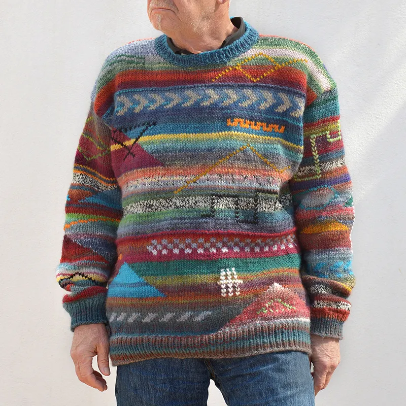 Retro Colorful Knitted Jacquard Iceland Crew Neck Sweater