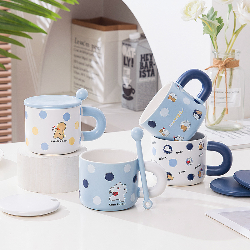 Carefully Selected Cartoon Ceramic Cup Rabbit and Bear Imitation Line Puppy Cup with Lid Mug High-Looking Ins Style Couple Water Cup