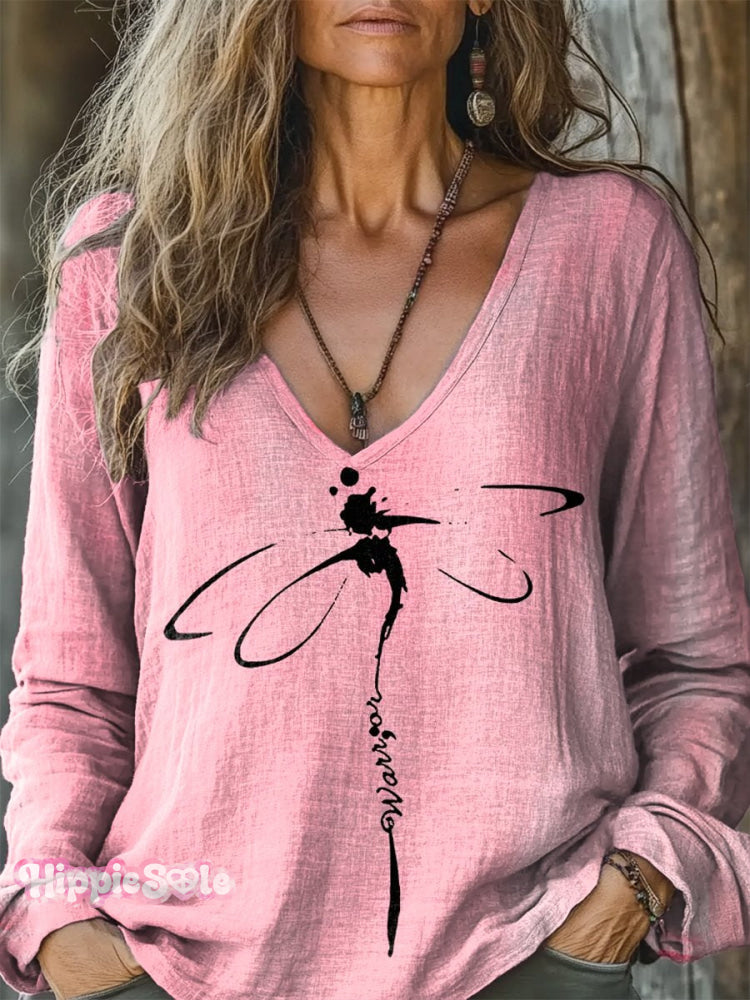 Women&rsquo;s Dragonfly Print Casual V Neck Comfortable Cotton Shirt Pink / S