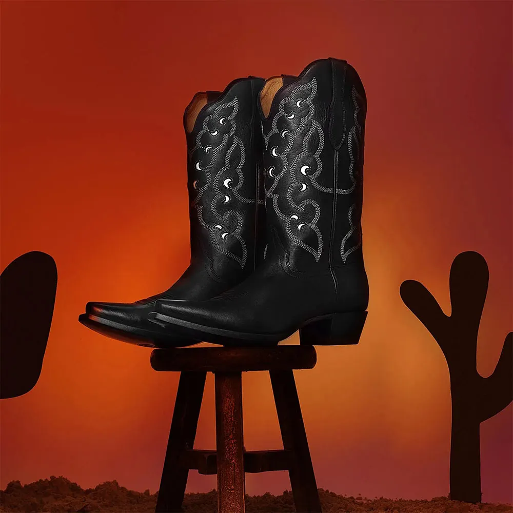 Black Snip Toe Chunky Heel Cut Out Embroidered Cowboy Boots for Women