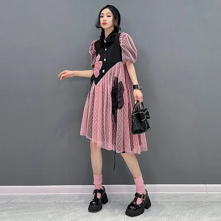 Chic Pink Turn-down Collar Flower Decor Dot Mesh Patchwork Short Puff Sleeve Dress