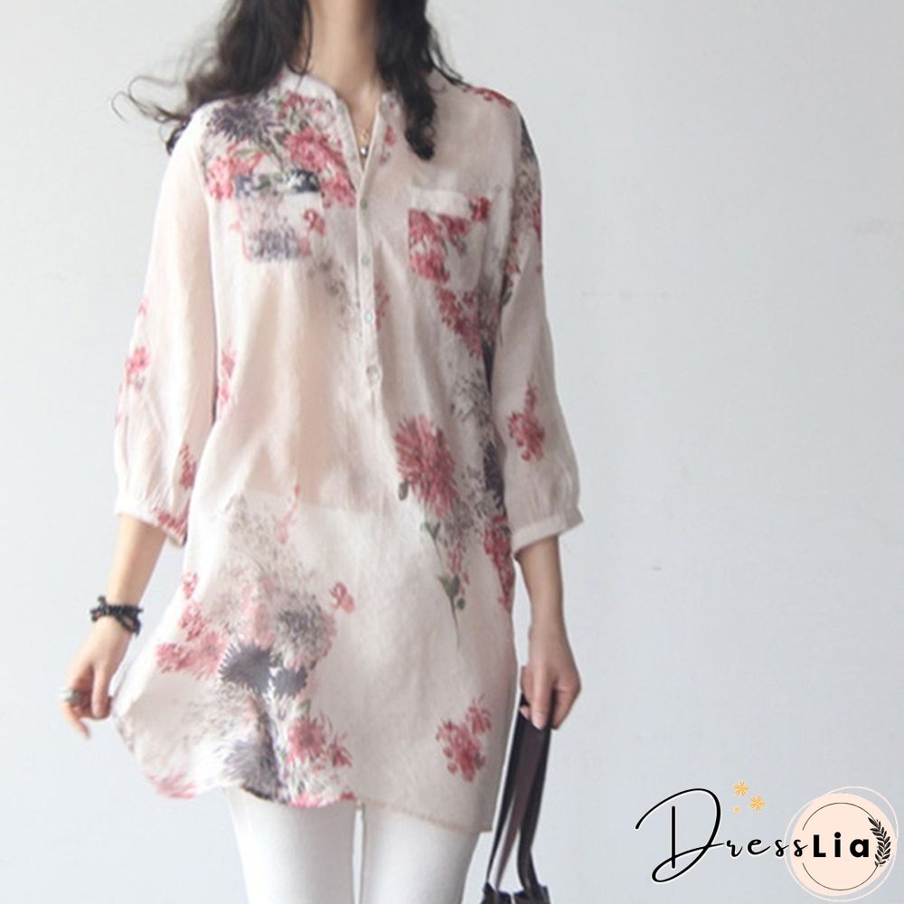Vintage Women Floral Printed Casual Loose Tops Shirt Tunic Dress