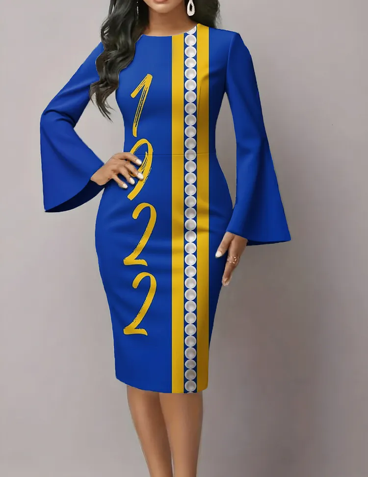 Women's Fashion Blue and Yellow Sisterhood Art Print Flared Sleeves Midi Bodycon Dresses