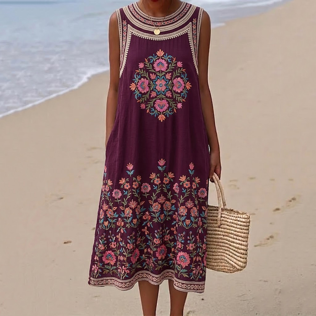 Women's Vintage Bohemian Floral Pattern Round Neck Sleeveless Midi Dress elevenforest
