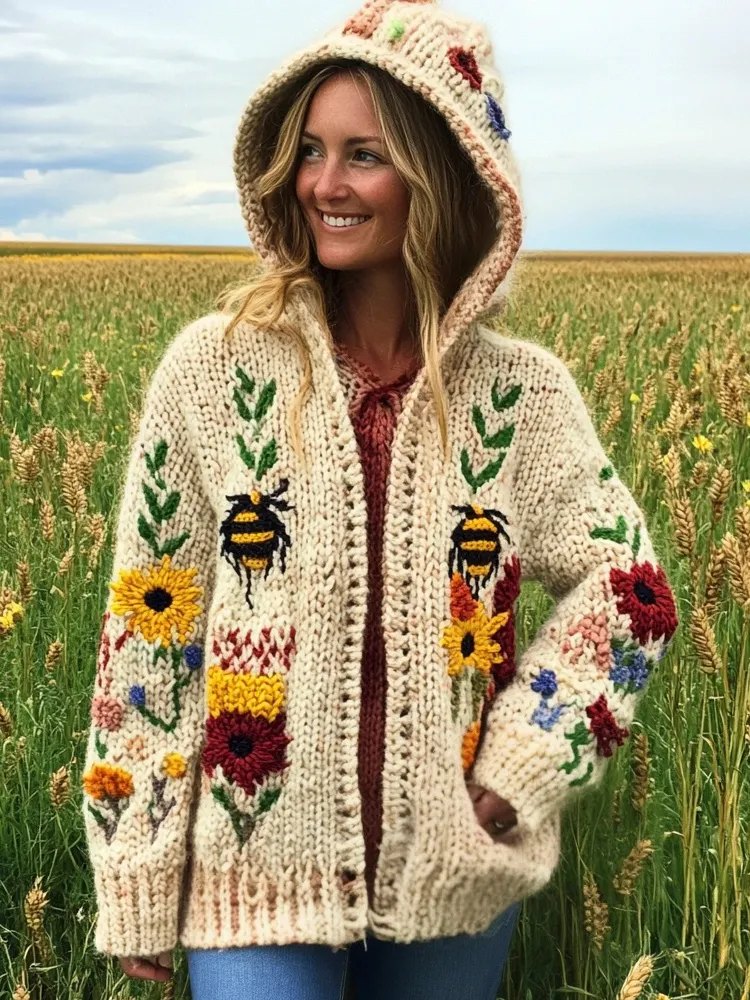 Rustic Bee & Floral Knit Art Women's Hooded Cardigan