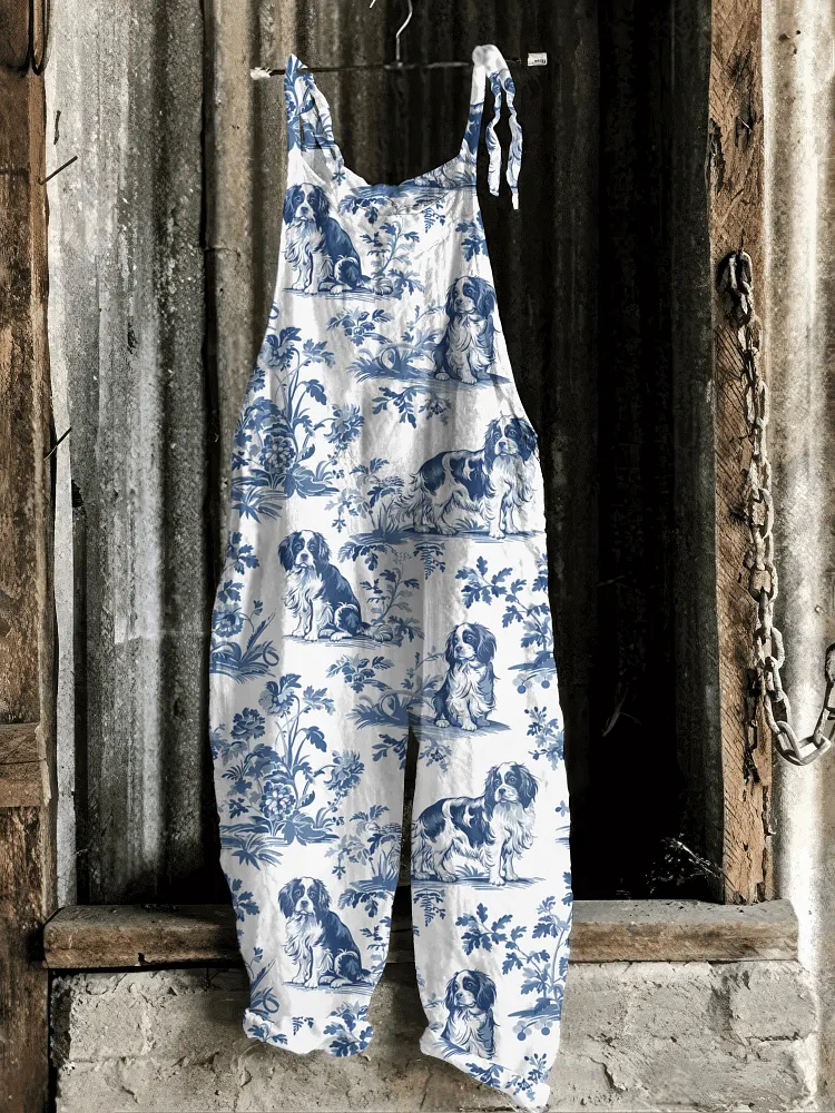 Vintage Cavalier King Charles Spaniel Print Casual Jumpsuit