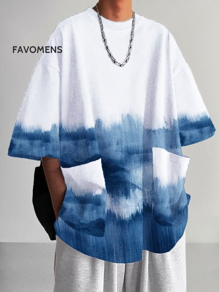 Men&rsquo;s Casual Trendy Fashion Blue Tie Dye Print V-Neck T-Shirt White / S