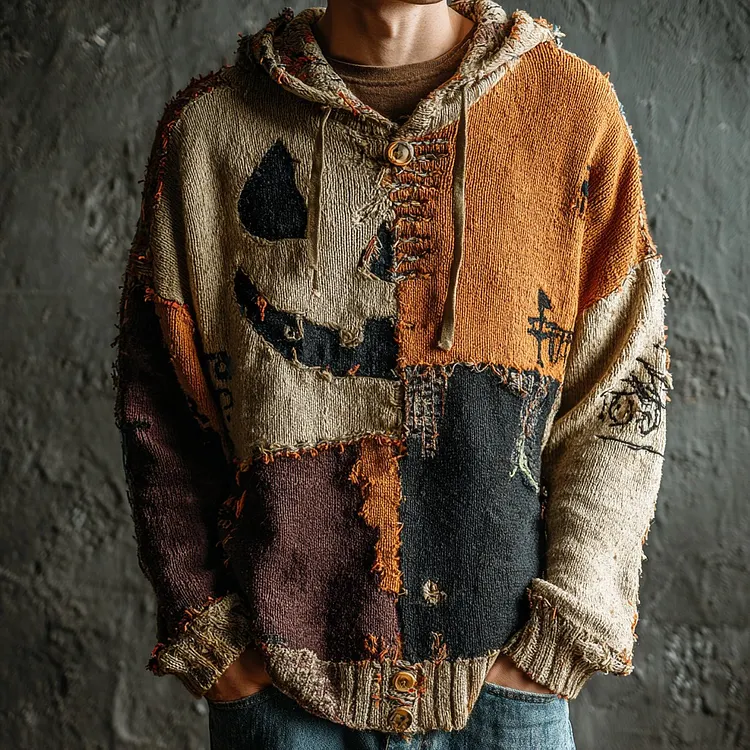 Men's Halloween Pumpkin Face Colorblock Stitched Cozy Knit Hooded Sweater