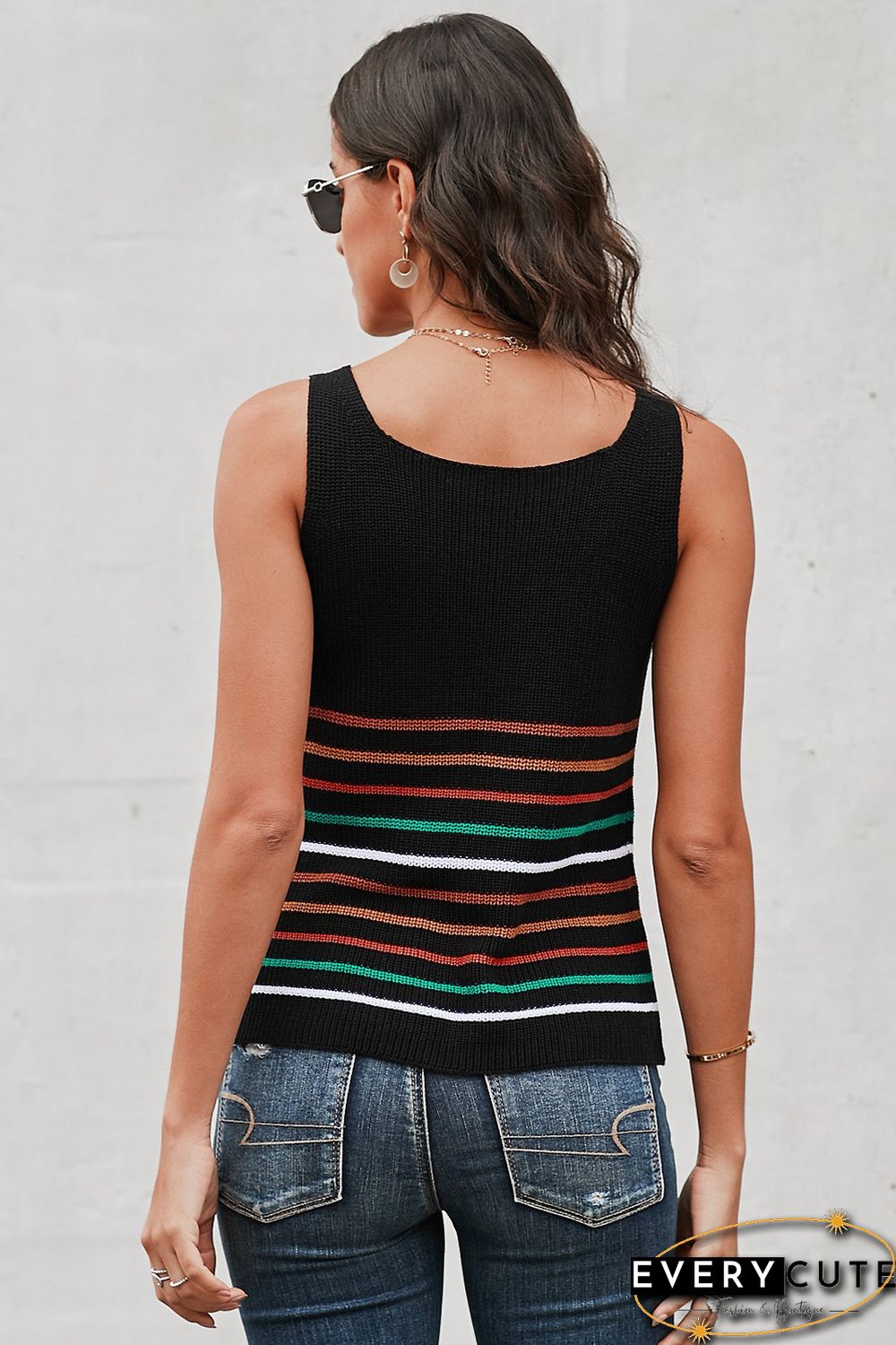 Multicolor Stripes Black Knit Tank Top