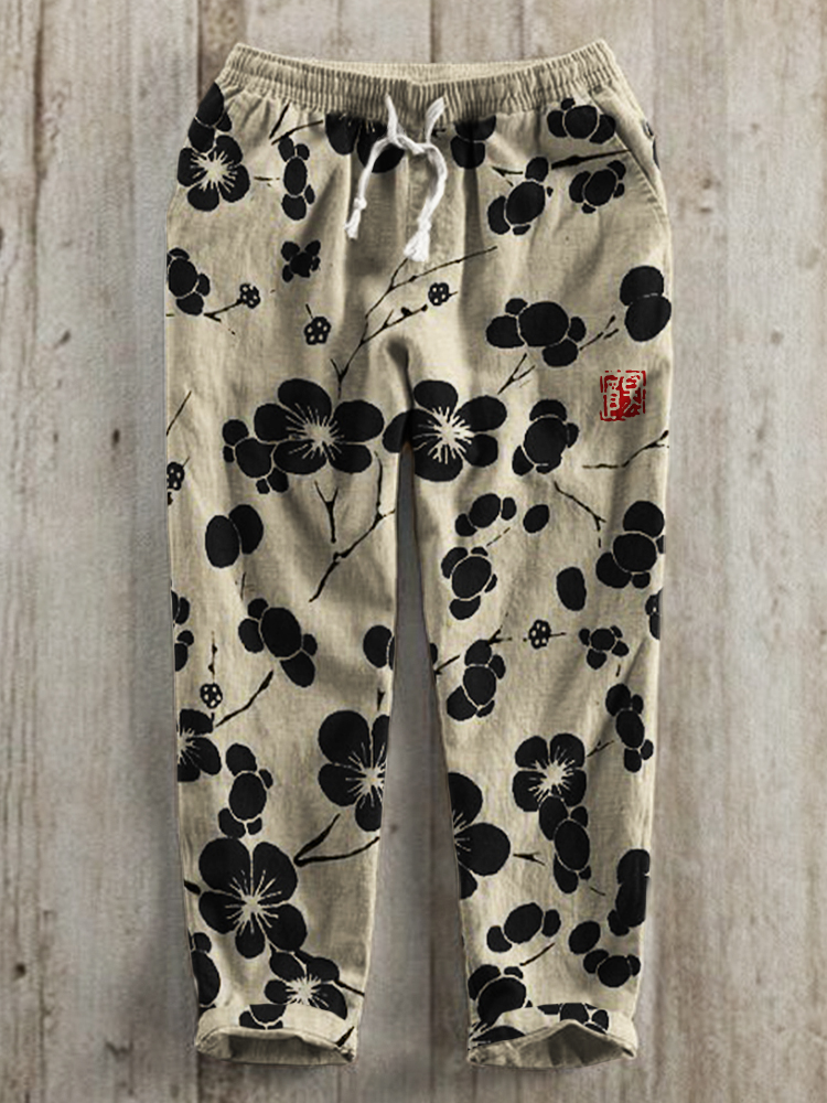 Cherry Blossom Japanese Lino Art Linen Blend Casual Pants  artssus