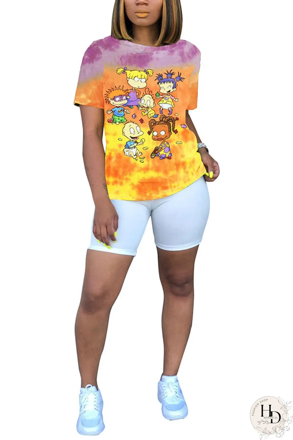 Blue White Blue Orange Yellow colour Polyester O Neck Short Sleeve Patchwork Print Character Tops