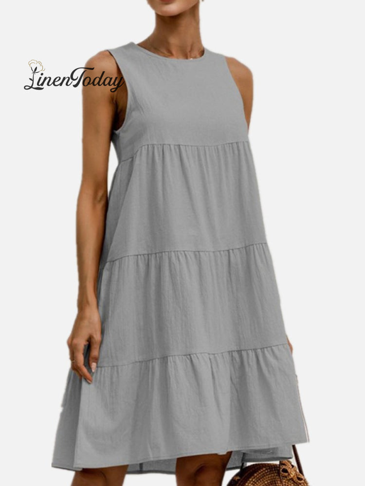 Cotton And Linen Sleeveless Crewneck Dress Grey / S