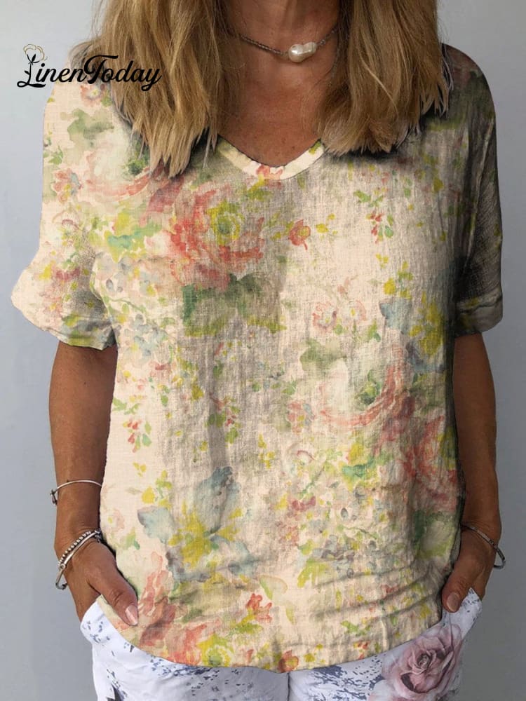 Women&rsquo;s Retro Floral Watercolor Art Print Casual Cotton And Linen Shirt Multicolor / S